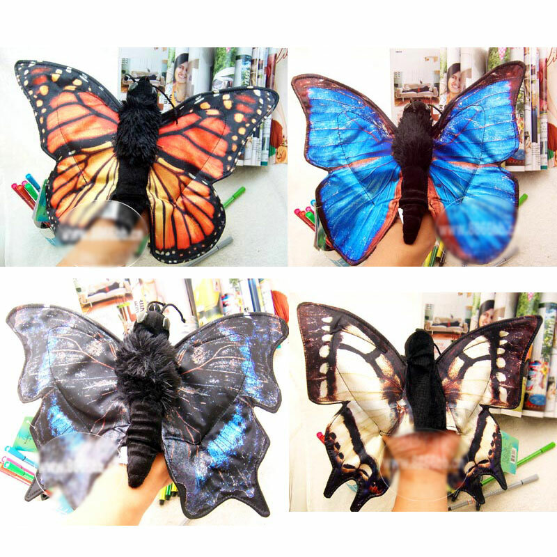 Marionnette à main bleue de 38cm en forme de queue de papillon, haute simulation de papillon, insecte en peluche, poupée à main, jouets d'apprentissage pour bébé