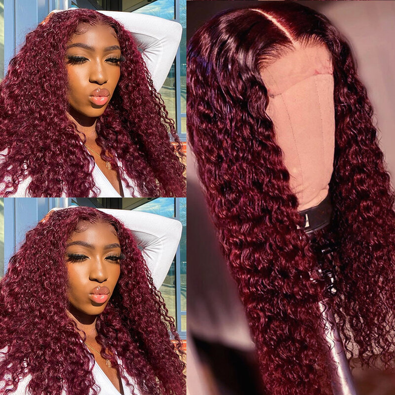 Perruque Lace Front Wig synthétique bouclée crépue 99J, rouge vin, 20-26 pouces, perruque avec raie centrale pour femmes noires, perruque résistante à la chaleur pour usage quotidien