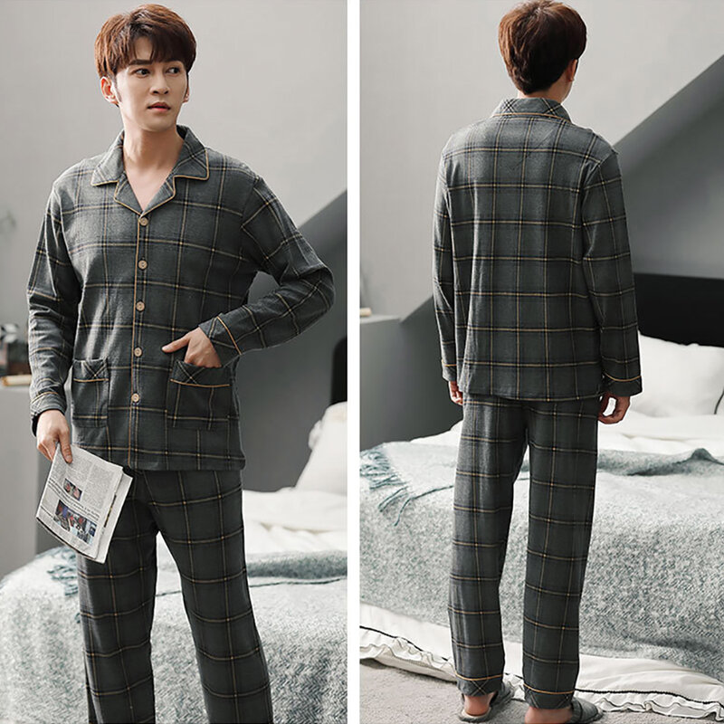 Autumn Winter Male Cotton Pajama Sets 4XL Plus Size Sleepwear Fashion Gradient Plaid Pijama Men Set Comfort Pajamas Loungewear