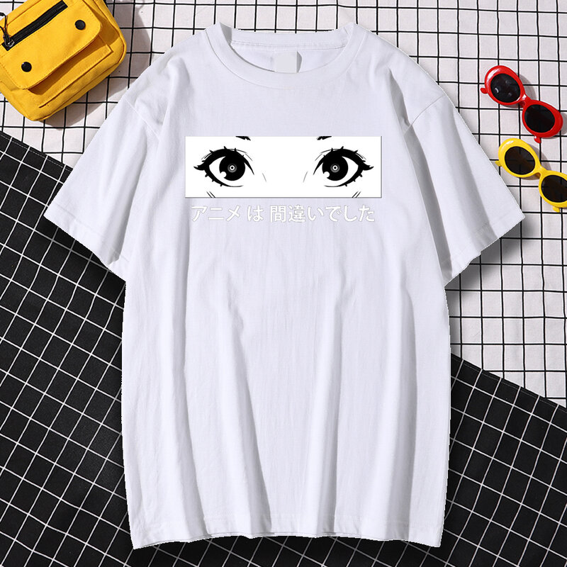Kaus Pria Lengan Biasa Kaus Ukuran Besar Kaus Jepang Huruf Mata Indah Anime Print Pakaian Mode Lembut T Shirt Pria