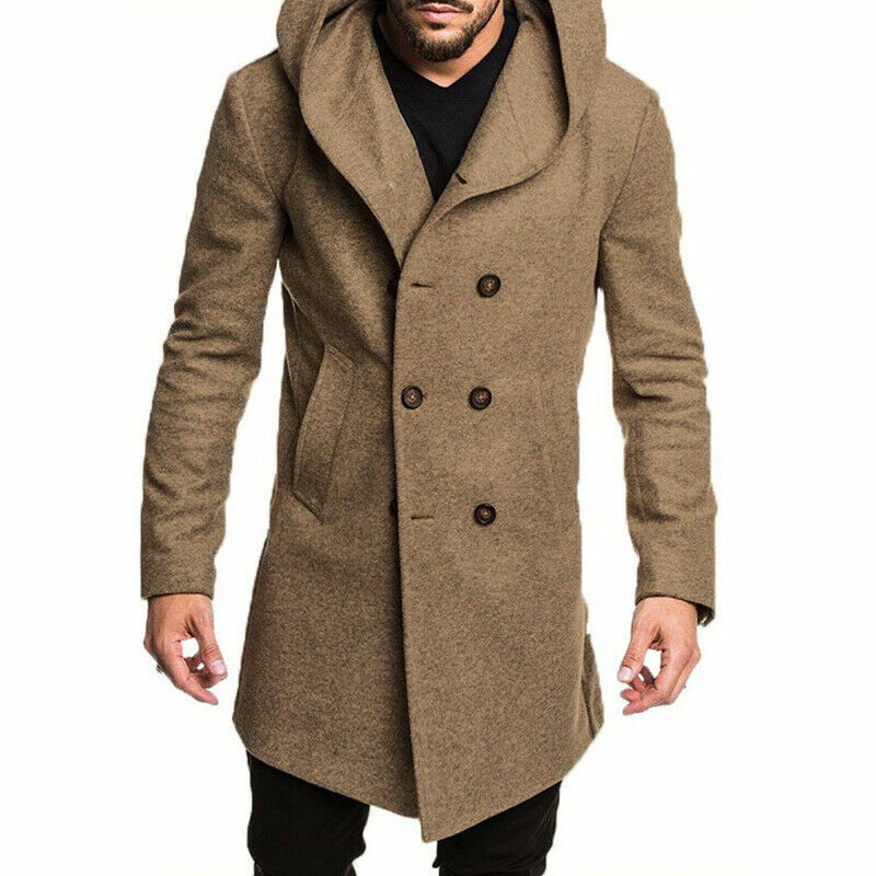 Men's High Quality Wool Double Breasted Coat Hooded Trench Coat Fashion Long Outwear Overcoat Long Sleeve Jacket Size M-XXXL