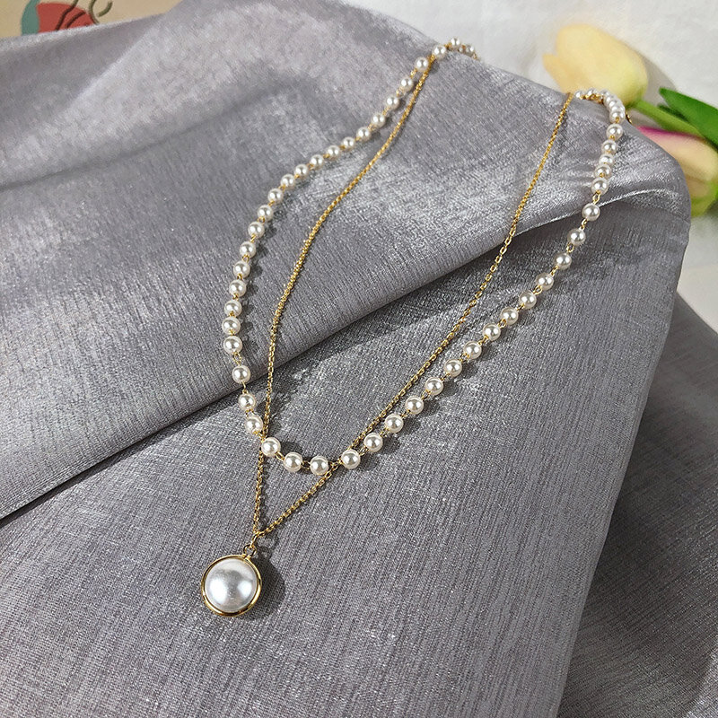Gargantilla de oro de doble capa para mujer, Collar con colgante de perlas de estilo coreano, Collar de joyería de moda, novedad de 2020