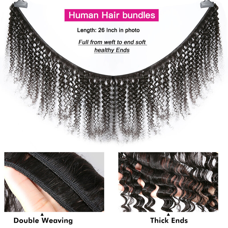 Extensiones de cabello humano rizado de 24 pulgadas, mechones de cabello humano postizo de Color Natural, doble trama, Remy