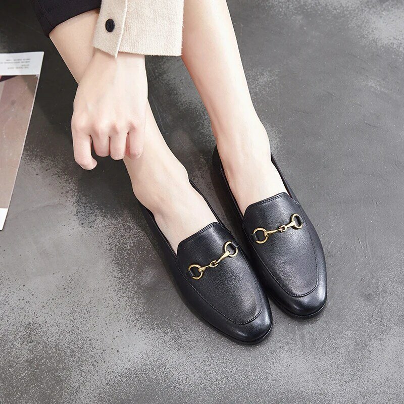 Dumoo-zapatillas para niña y mujer, zapatos informales transpirables de cuero genuino, mocasines planos, color blanco/negro