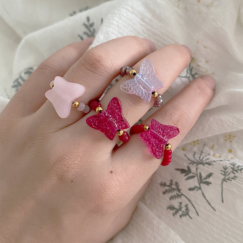 2021 koreanische Schmuck Imitieren Kristall Schmetterling Ring Für Frauen Handgemachte Harz Material Böhmischen Knuckle Finger Ring Hochzeit Party
