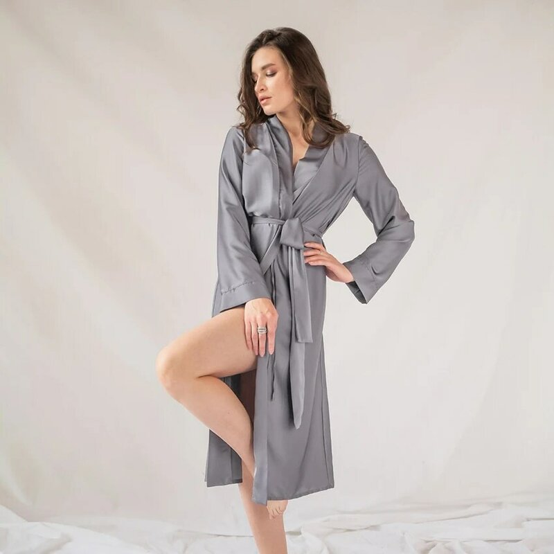Hiloc رمادي الحرير حبل من الحرير طويل امرأة رداء النوم للنساء ملابس خاصة الصلبة كامل الأكمام منامة للنوم روب للنوم