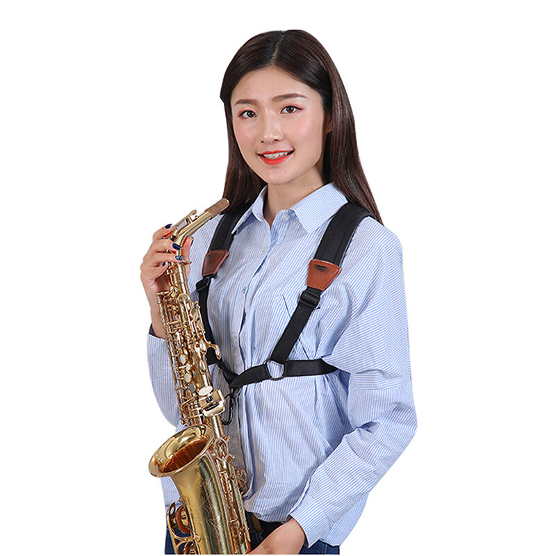 Correa de saxofón suave para adultos y niños, correas de cuero de doble hombro y gancho de acero