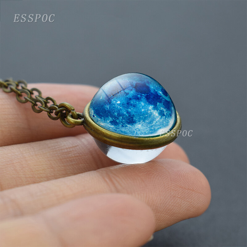 Lua cheia esfera de cristal bola de vidro colar artesanal duplo lado pingente bola de vidro sistema solar espaço exterior astronomia jóias
