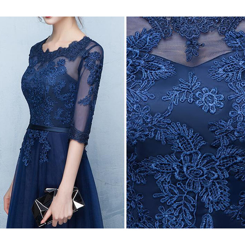 Elegant Navy Blue Mother of the Bride Dresses Scoop Three Quarter Sleeves Lace-up Back Mother of the Bride Gowns