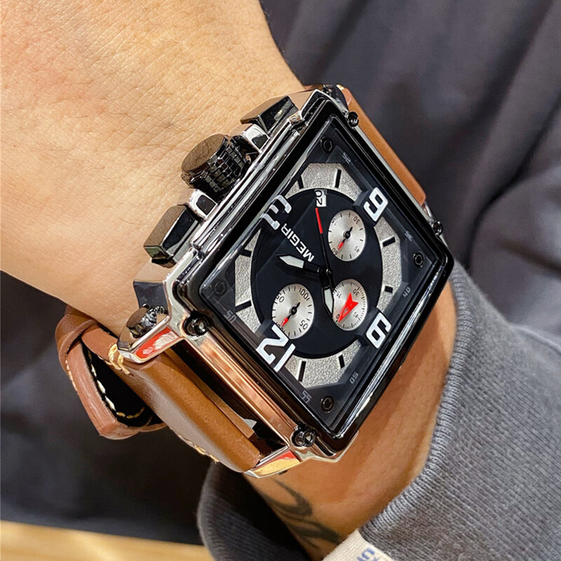MEGIR Для мужчин большой циферблат Роскошные Лидирующий бренд Кварцевые наручные часы Творческий Бизнес Нержавеющая сталь спортивные часы Для мужчин Relogio Masculino