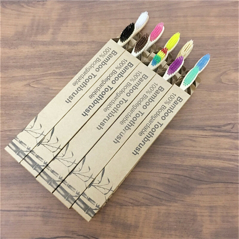 Escovas de dentes ecológicas com cabo em fibra de bambu biodegradável., cores do arco-íris, cabo sólido. 10 peças.