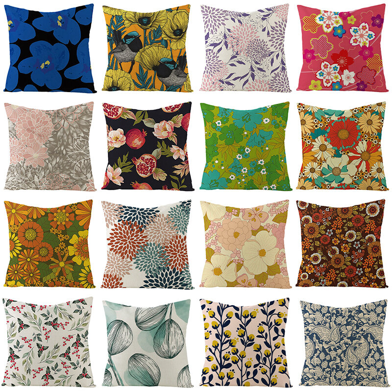 Fundas de almohada para decoración de cama, fundas de almohada de flores coloridas, cuadradas, decorativas para el hogar, de lino y algodón sin relleno