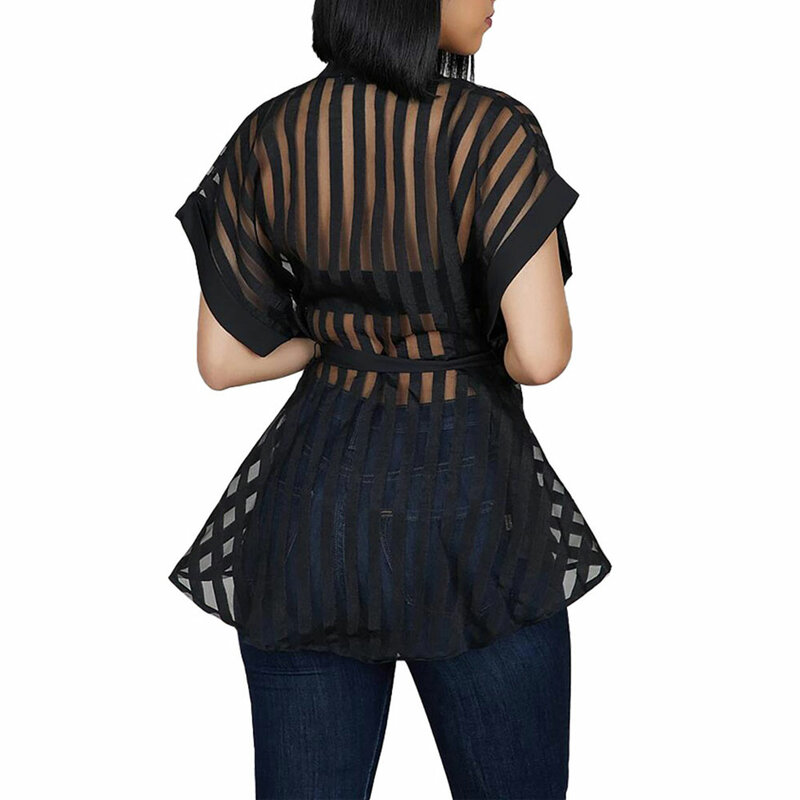 2021 New Women's Sexy Flared Tops Perspective Striped Tops Fashion Short Sleeve Blouse With Waist Belt