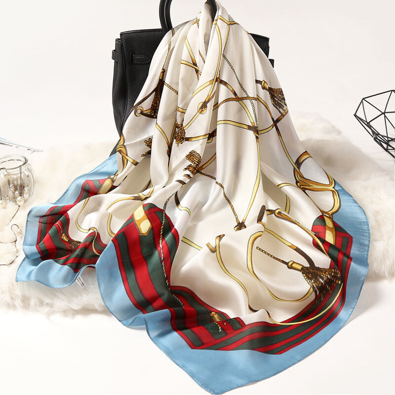 Foulard carré en Satin de soie pour femmes, nouvelle mode rétro, 90x90cm, bandeau pour cheveux, chaîne douce, Foulard Hijab
