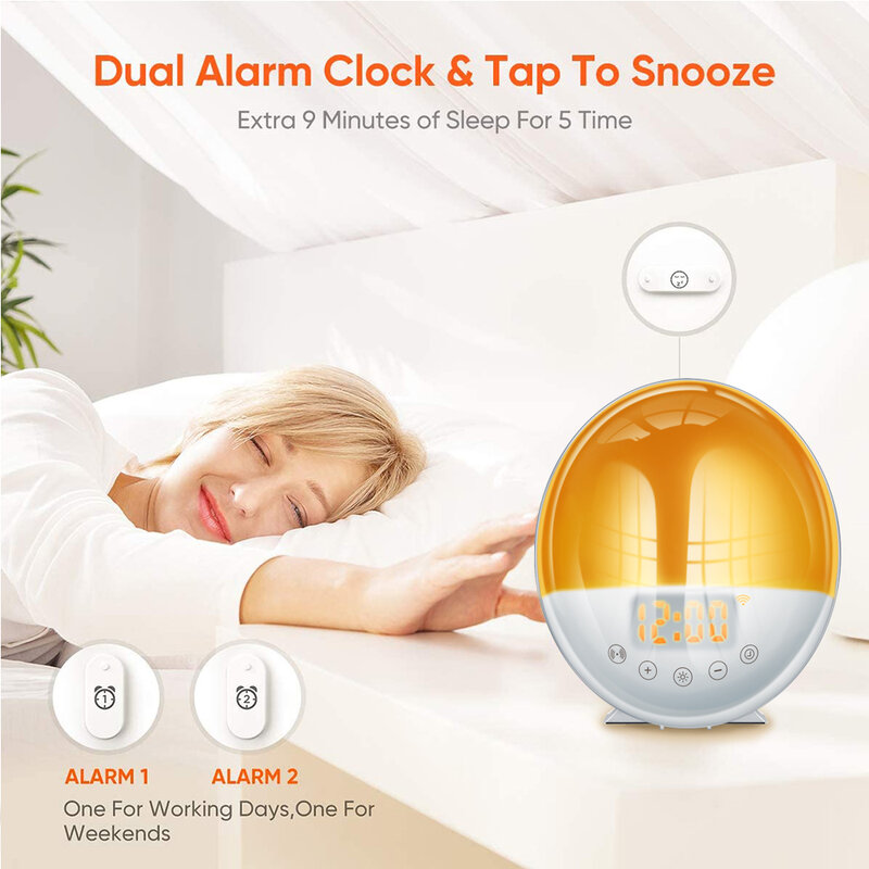 Wi fi inteligente acordar luz 7 cores sunrise alarm clock fm rádio digital nightlight relógio tuya app funciona com alexa google casa