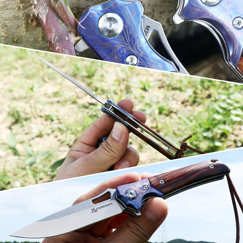 FORESAIL-cuchillo plegable de acero M390, cuchillos tácticos afilados para exteriores, Cuchillos con mango de madera de 3,9 ", rodamientos de bolas KVT EDC