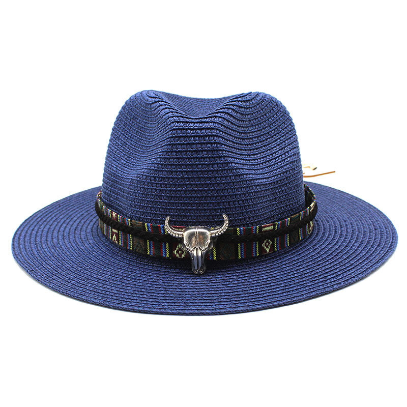 Chapéu de palha estilo panamá e vintage, chapéu de cowboy com proteção uv, para cabeça de touro, aba larga, para praia