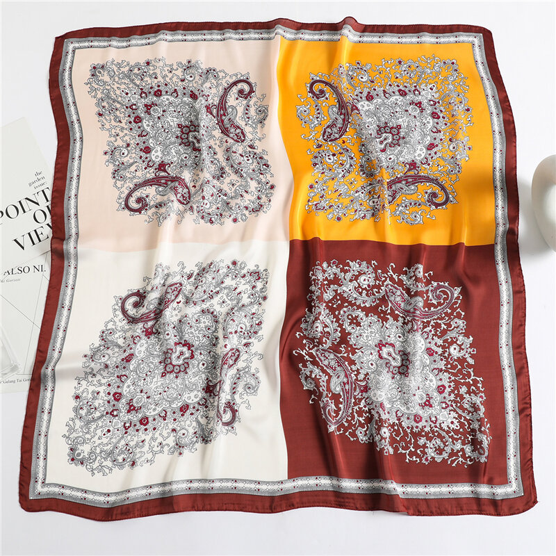 Bandana en Satin de soie pour femmes, Foulard carré imprimé 90cm, bandeau pour cheveux, châles, sac portefeuille
