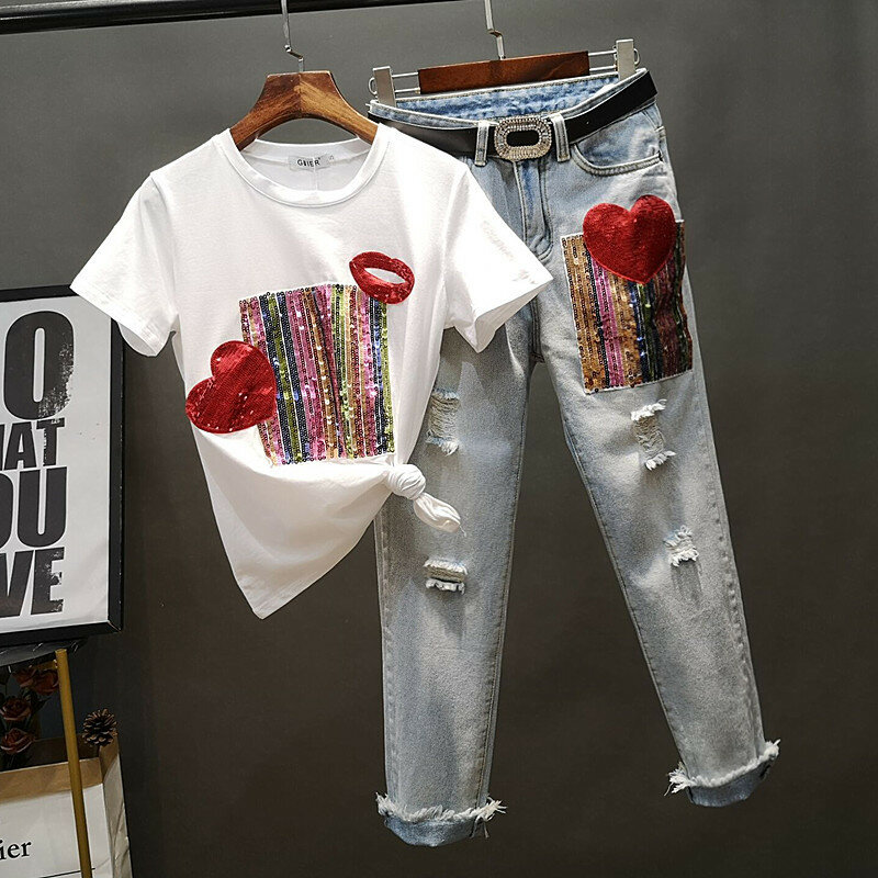 Conjunto de dos piezas formado por camiseta + Pantalones vaqueros con agujeros para mujer, traje holgado de manga corta con lentejuelas de amor, primavera 2021