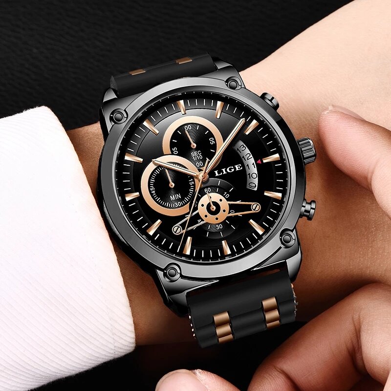 LIGE nowe klasyczne czarne męskie zegarki Top marka luksusowy zegarek dla człowieka wojskowy silikonowy wodoodporny zegar kwarcowy Relogio Masculino