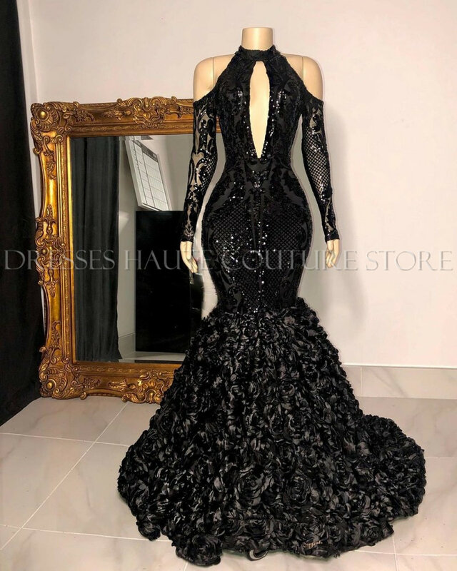 Black Mermaid Prom Dresses 20223 WithThree Quarter Sleeve African Girl Sequin 3D Flowers Evening Dresses Formal Party Dress