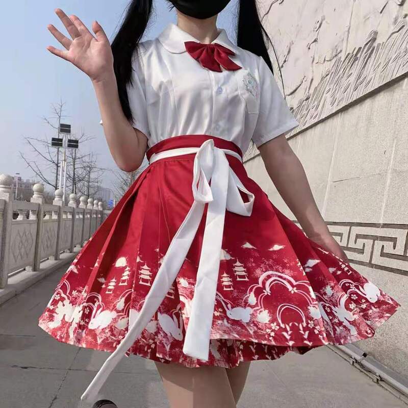 Ngọt Ngào Hanfu JK Bé Gái Đồng Bộ Trang Phục Hóa Trang Carnival Trang Phục Nữ Mini Váy Xếp Ly Với Áo Sơ Mi Và Dây Thắt Nơ Bộ