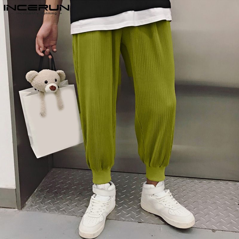 INCERUN przystojny dobrze dopasowane męskie pantalony Solid Color Comeforable plisowane spodnie męskie cienkie szerokie nogawki długie spodnie S-5XL 2021