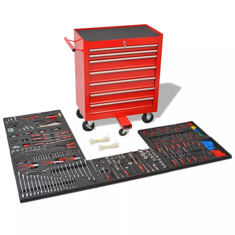 Workshop Tool Trolley with 1125 Tools Steel Red with Movable 7-Drawer and Integrated Lock Tool Set Multi-Functional Toolbox