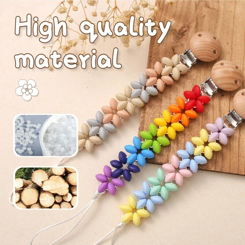 Lassen sie Machen Baby Silikon Schnuller Kette Regenbogen Farbe Silikon Perlen Handgemachte Blütenblatt Buche Holz Clip-auf Schnuller BPA freies Beißring