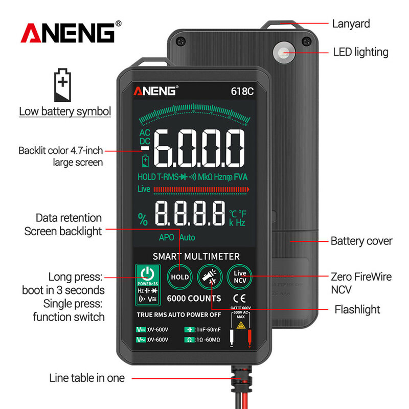 Aneng 618Cデジタルマルチメータスマートタッチdcアナログバー真の実効値オートテスタープロフェッショナルトランジスタコンデンサncvテスターメーター