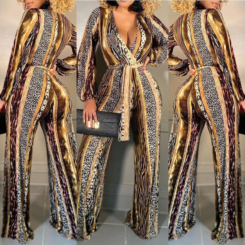 2021 Autumn Winter Leopard Print Sexy V-Neck Long-Sleeved Jumpsuit Fashion Casual African Women's Loose Waist Wide-Leg Trousers
