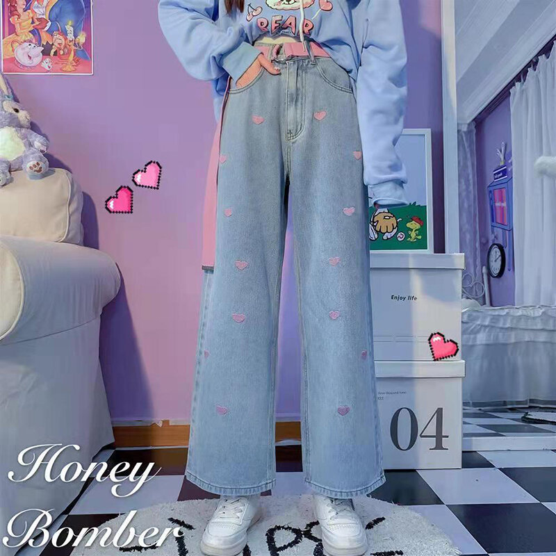 Calças de brim de rua lavadas azul moda bordado amor calças de brim de perna larga feminino coreano casual solto rosa cinto