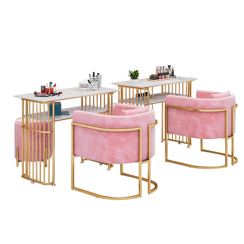 Mesa de manicure e conjunto nórdico de luxo, luz marmorizada, conjunto de cadeiras, mesa dupla de manicure, rosa