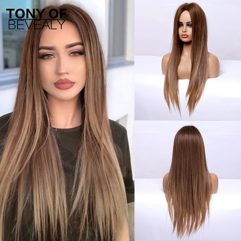 Длинные прямые коричневые парики с эффектом омбре, парики из натуральных волос средней длины, термостойкие синтетические парики для женщин...