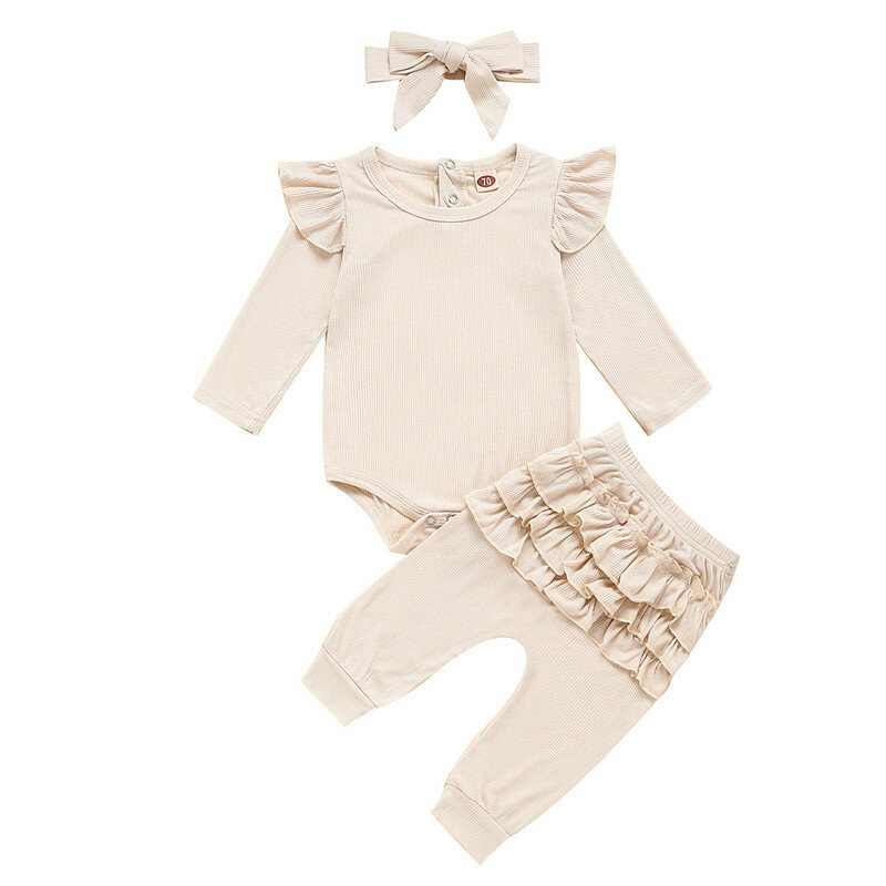 Ensemble de vêtements pour bébé fille, 3 pièces, printemps-automne, tenue côtelée solide, barboteuse, pantalon à volants, bandeau