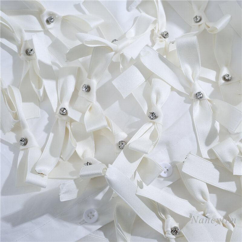 Blusa De manga larga holgada para primavera y otoño, camisa blanca con lazo y diamantes De imitación para Mujer, 2021