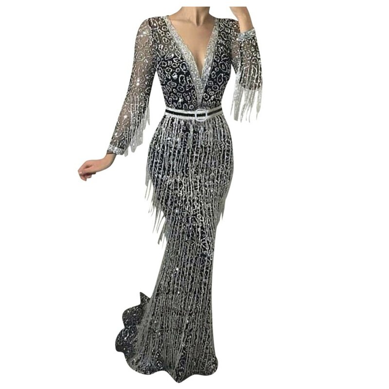 Vintage Tassel Party Dresses Women's Sexy Sequined Solid Color Long Sleeve Long Dress With Belt Sexy Deep V-neck Sling Dress