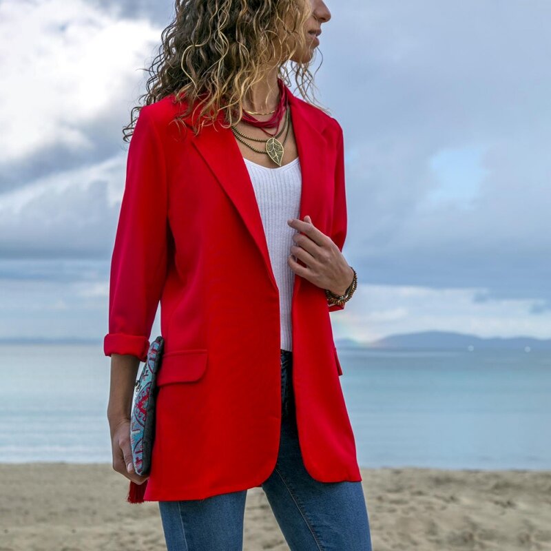 Женский однотонный блейзер с карманами, элегантный повседневный приталенный пиджак с длинным рукавом и классическим дизайном, размеры XL T1