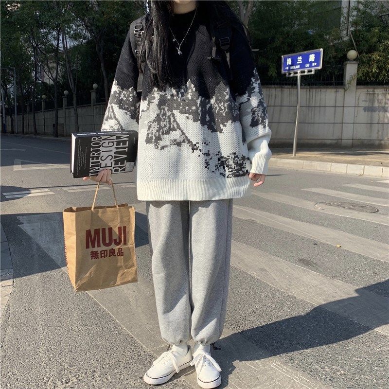 Mingliusili estilo coreano camisola de malha feminina moda 2021 outono inverno pulôver manga longa o-pescoço solto casual imprimir topo