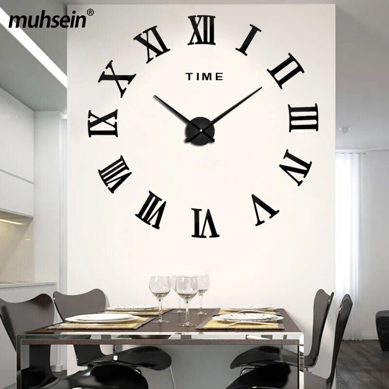 Muhsein現代の壁時計3Dローマ数字クロック大型diy壁ステッカー時計家の装飾ミュートクォーツ時計送料無料