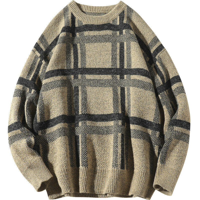 Suéter xadrez masculino plus size, pulôver de malha com gola o slim fit para homens, outono e inverno