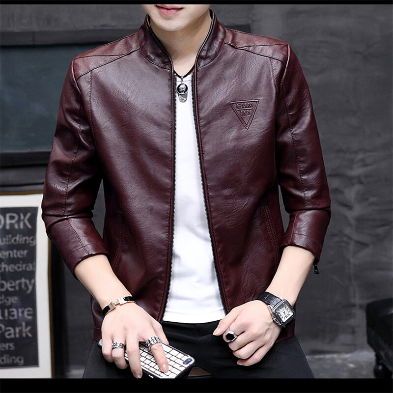 新レザージャケット男性スリム春のファッションジッパーポケット革男性のジャケット純粋な色のレジャーQzq811 4Xl