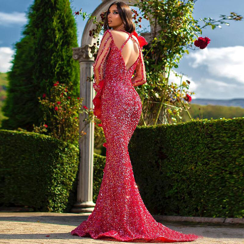 Red Sparkly Evening Dresses Scoop Long Sleeve Mermaid Sequined Prom Gowns Backless Custom Made Formal Party Dresses