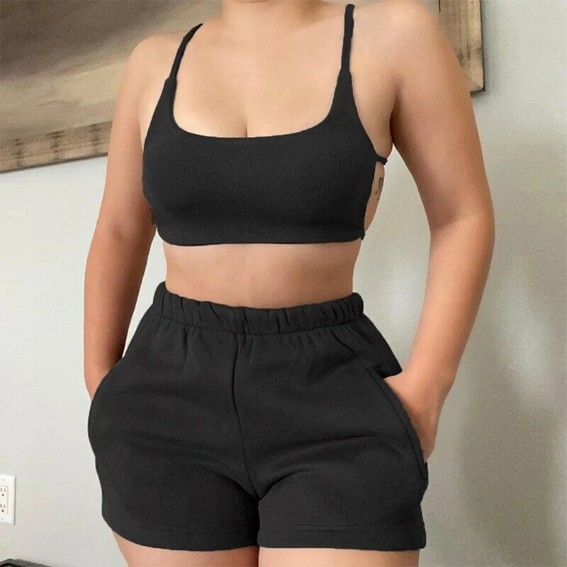 Laamei Solid Casual Two Piece Sets Women Backless Sleeveless Top And Side Pockets Shorts Matching Set Summer Athleisure Outfit