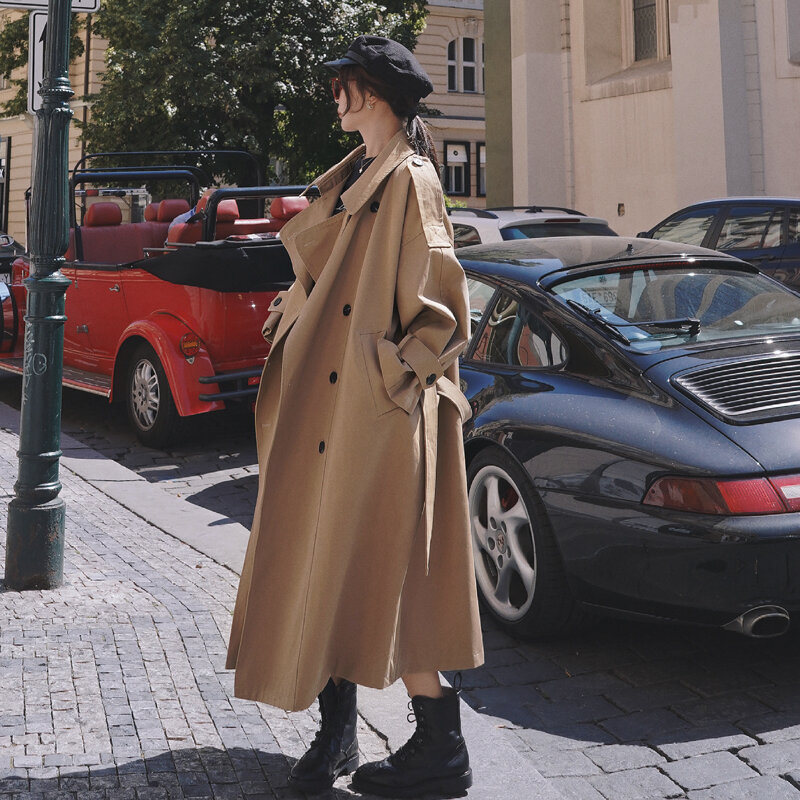 Gabardina de estilo coreano de gran tamaño para mujer, abrigo largo de doble botonadura con cinturón, rompevientos para oficina, capa de primavera y otoño