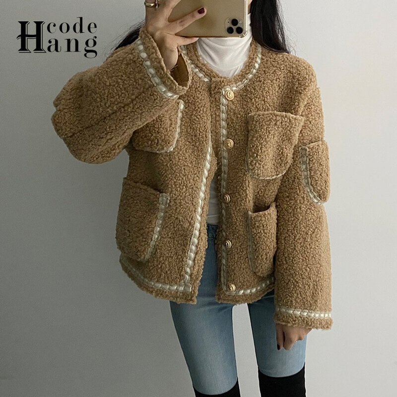 Hangcode-レディースジャケット2021,秋冬,韓国のファッション,フェイクラムウール,カジュアル,ポケット付きアウター