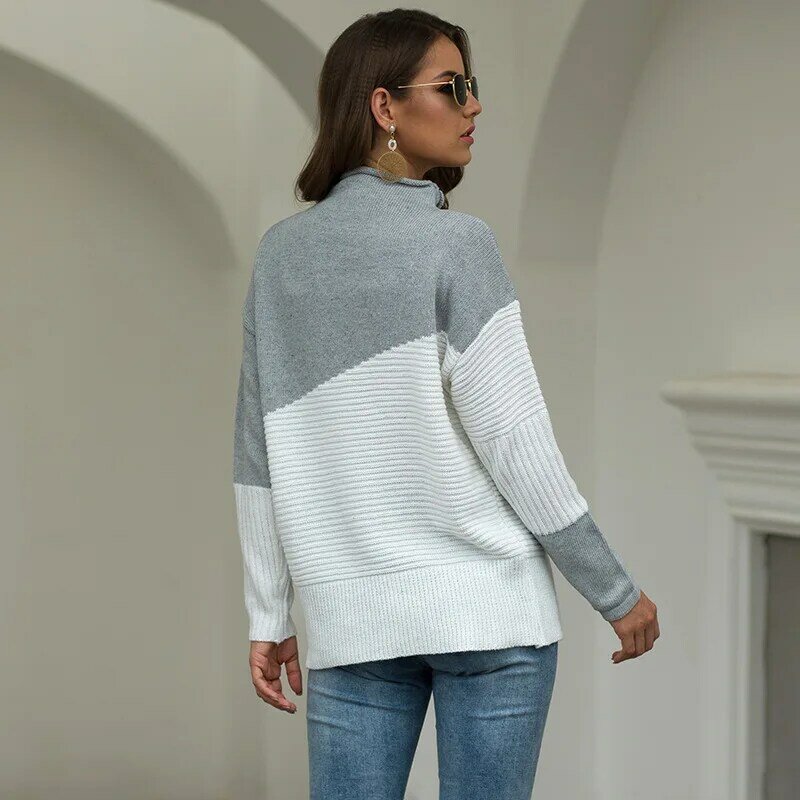 Nowa, jesienna/zimowa damska swobodny sweter nieregularny sweter z golfem Patchwork kontrastowy sweter moda En *