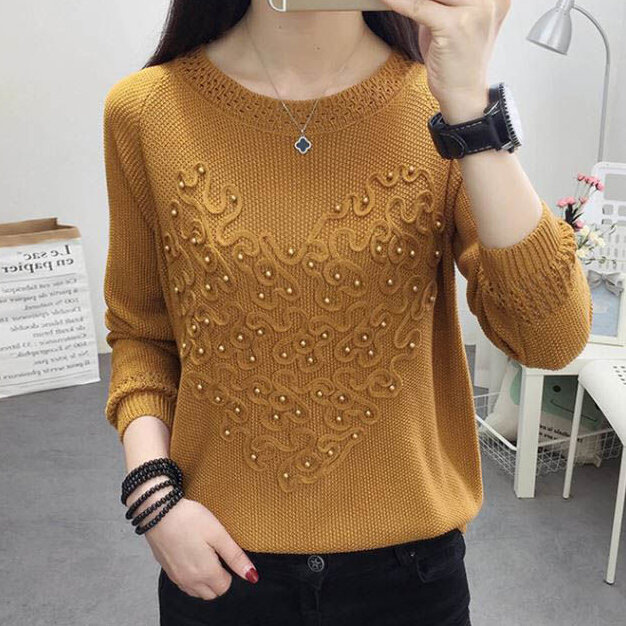 Early autumn new chic loose round neck sweater women's long-sleeved disc flower sweater women's bead bottoming shirt