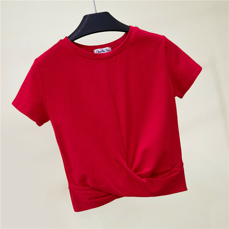 Camiseta corta para Mujer, camisa de verano con cuello redondo cruzado, Camiseta corta informal, Camiseta lisa de algodón, Camiseta de cintura alta para Mujer
