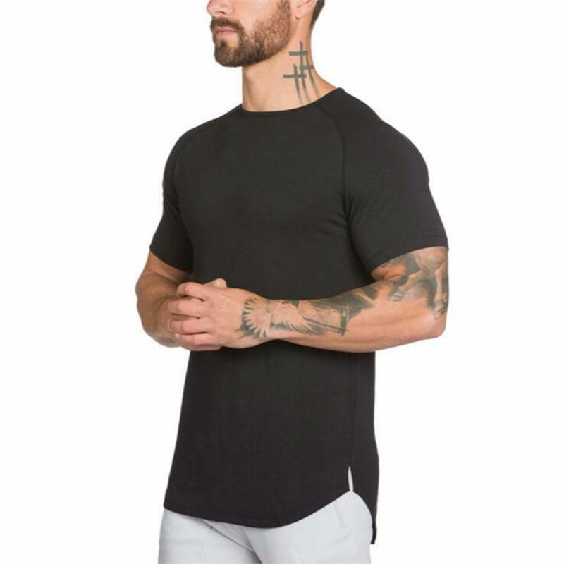 Solid Color Fitness Men's Long Breathable Sports T-Shirt trendy Slim Summer Bodybuilding Short Sleeve men Shirts T
